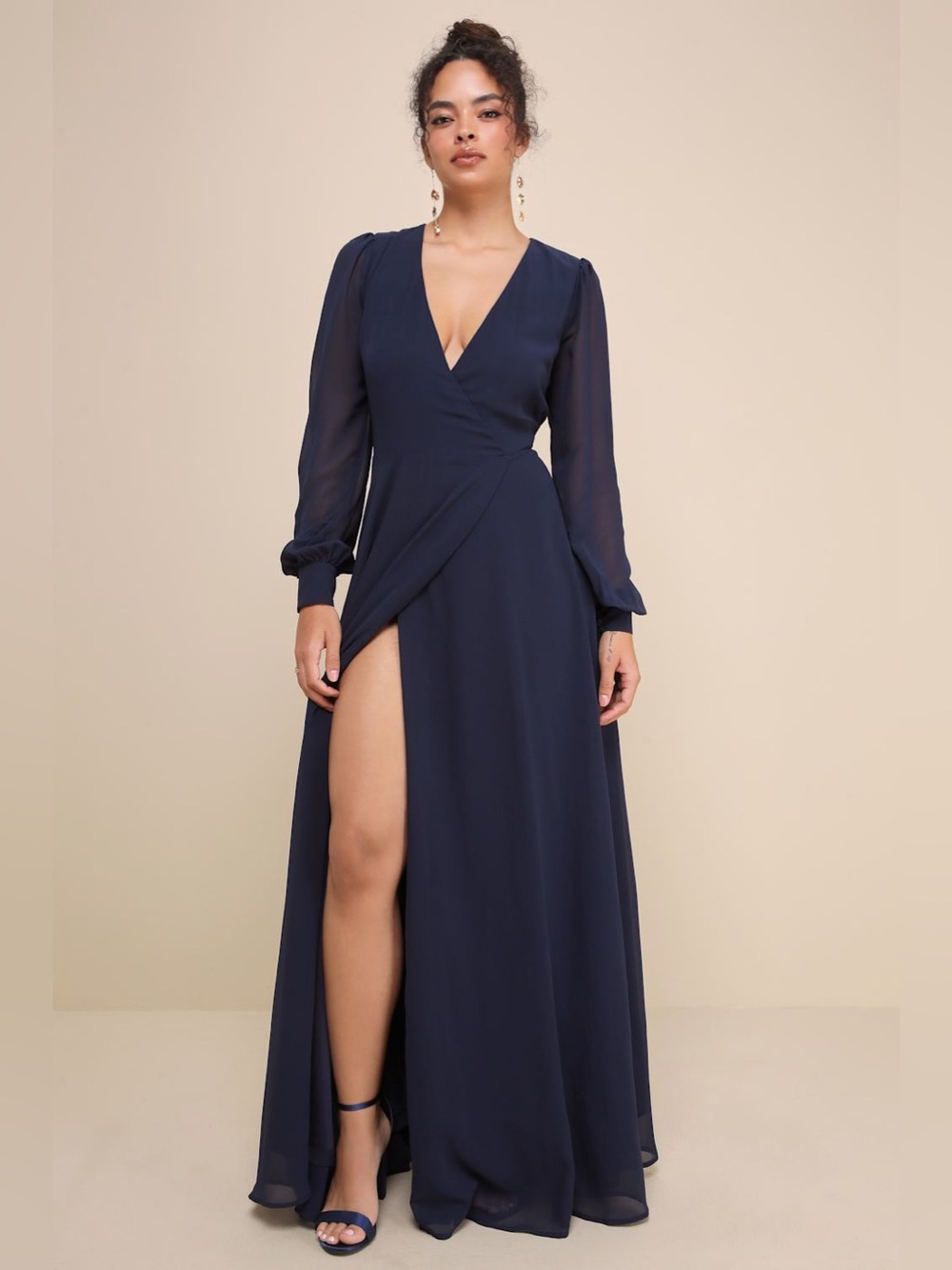 Lulu's Navy Long-Sleeve Wrap Maxi Dress